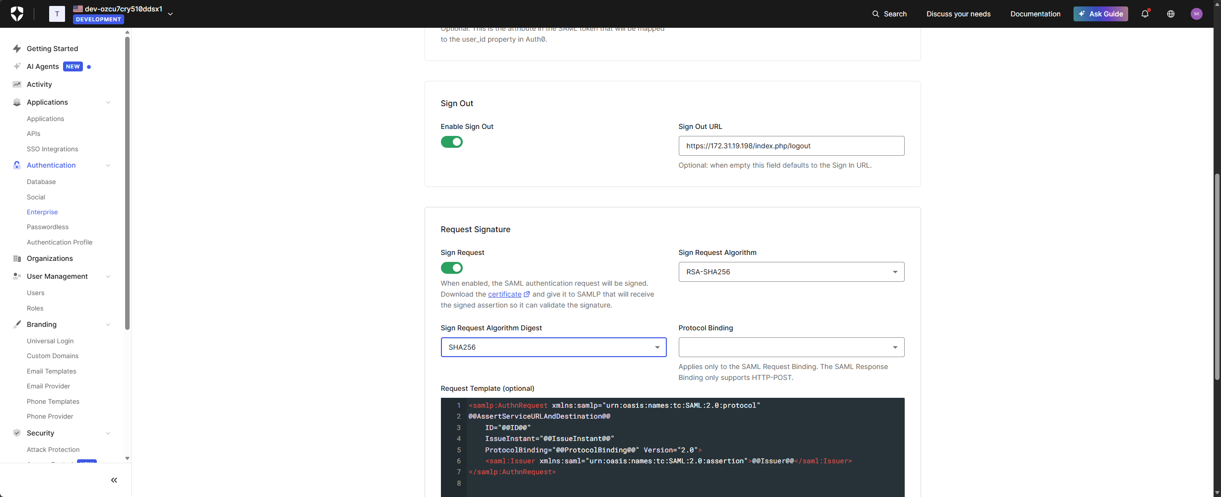 SAML Advanced details