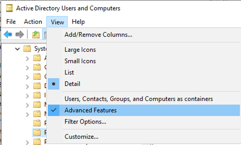 Advanced view of Active Directory Users and Computers