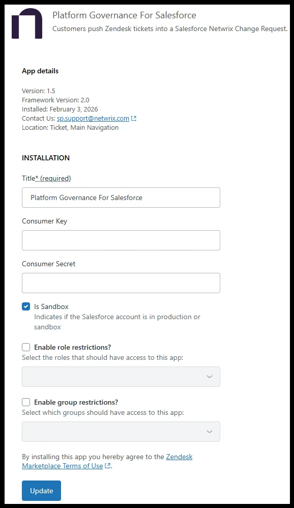 Set up the Platform Governance for Salesforce Zendesk app