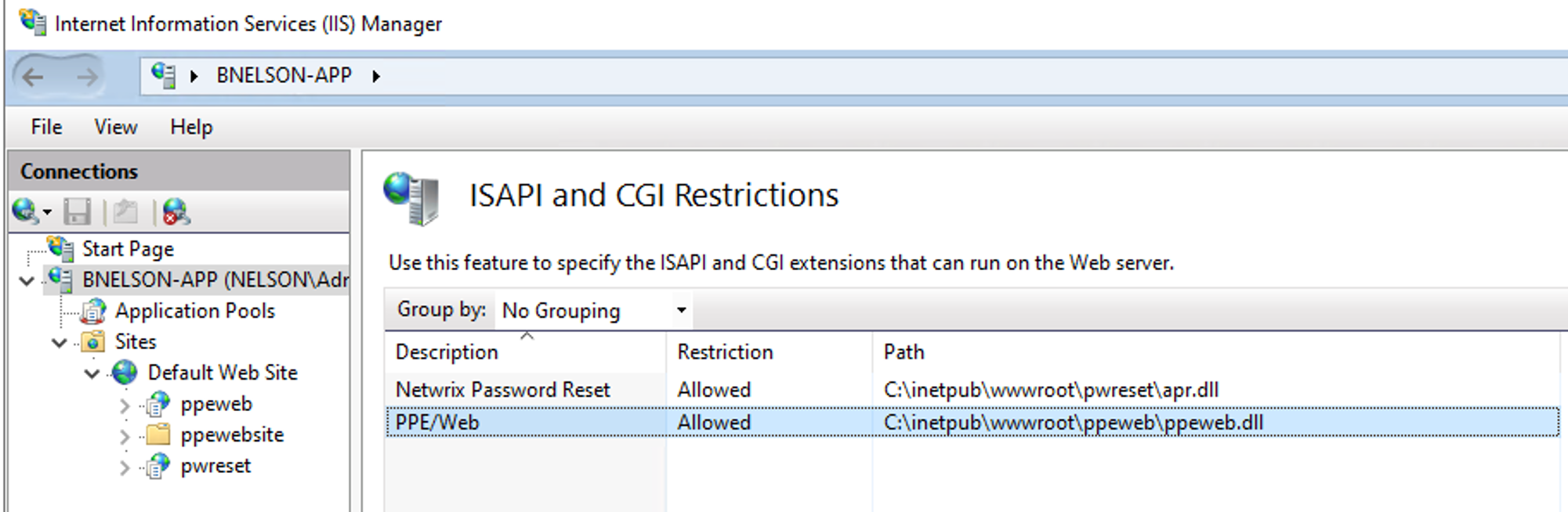 PPEWeb restriction set to Allowed with path to PPEWeb.dll