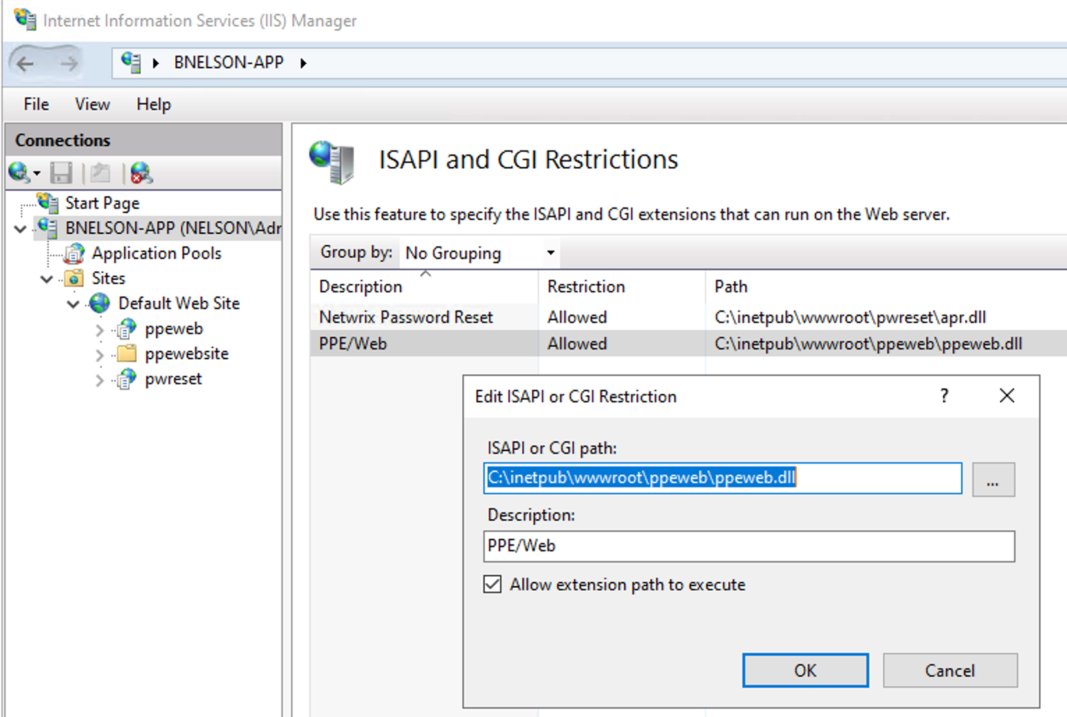 Add or Edit dialog for the PPEWeb.dll restriction