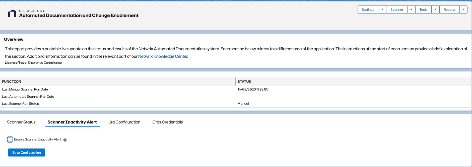 Scanner Inactivity Alert Section
