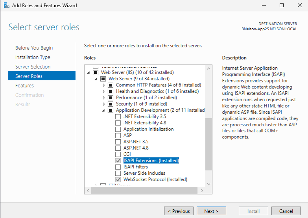 Server Roles - ISAPI Extensions selected