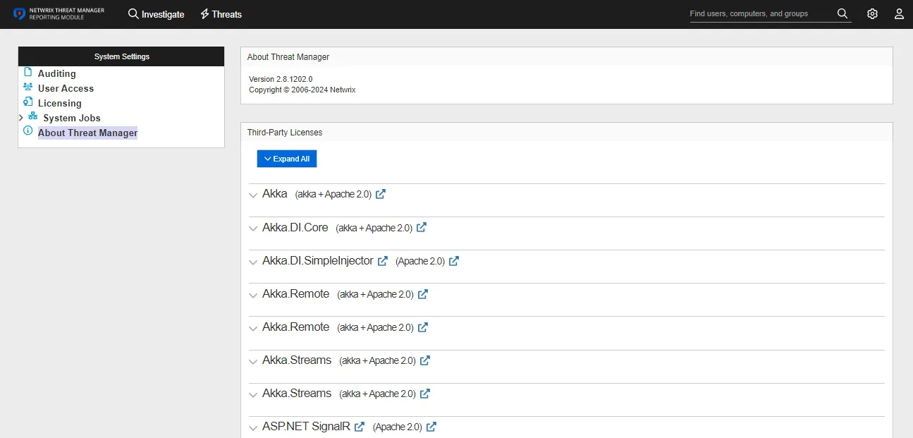 System Settings interfaces on the About Threat Manager page