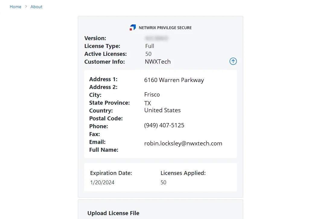 About page showing additional Customer Info details