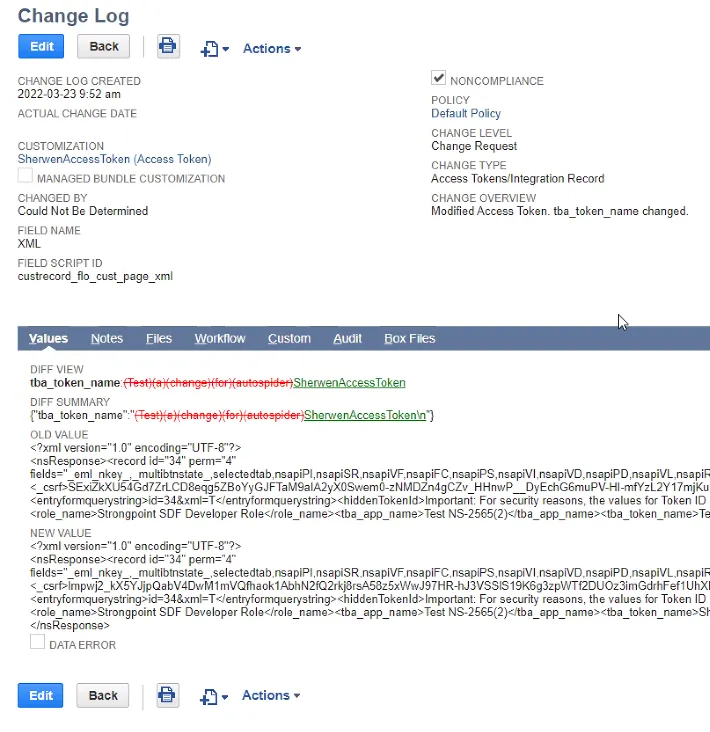 Access token change log