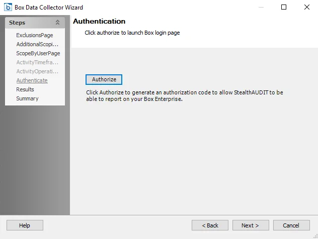 Box Data Collector Wizard Authenticate page