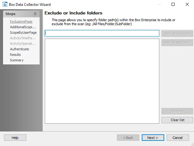 Box Data Collector Wizard Exclusions page