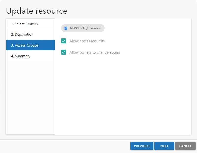 Add new resource wizard showing 4. Access Groups page