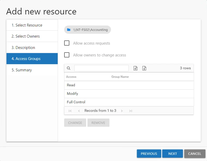 Add new resource wizard showing 4. Access Groups page