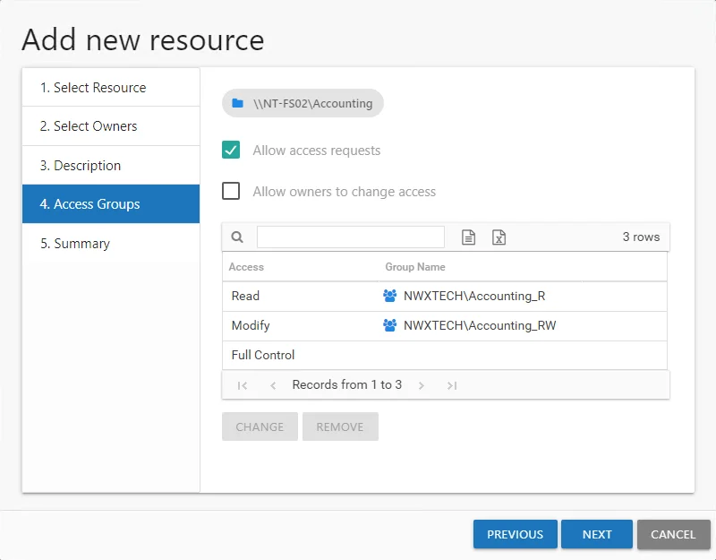 Add new resource wizard showing 4. Access Groups page with groups configured