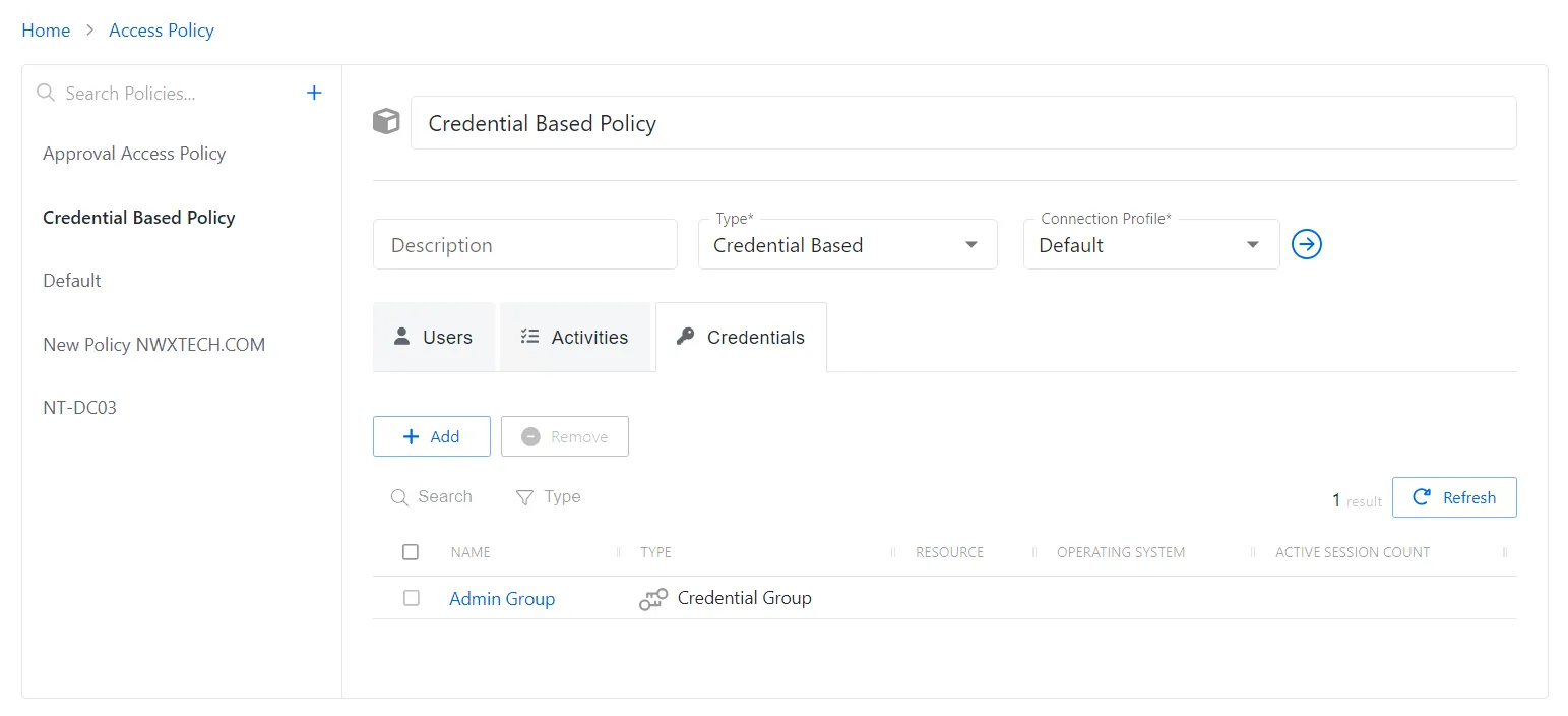 Credential based policy credential tab