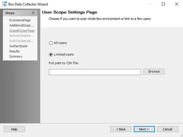 Box Data Collector Wizard Scope by User page