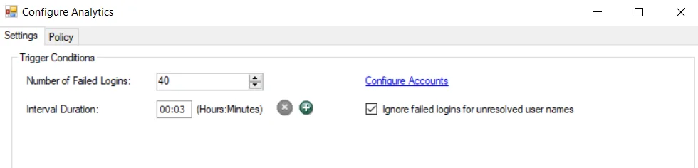 User Account Hacking Analytic Type - Settings tab