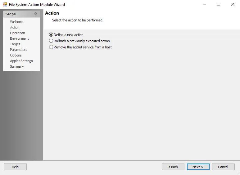 Public Folder Action Module Wizard Action page