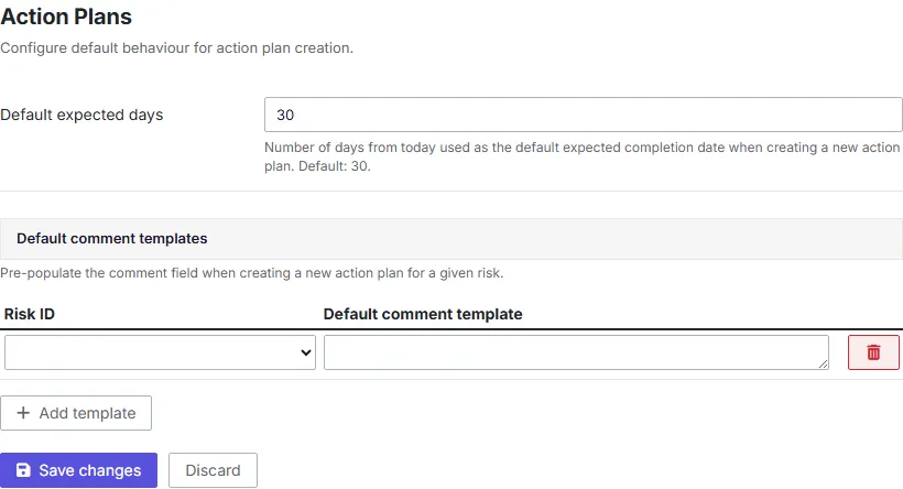 A screenshot of the Action Plans settings tab, showing the Number of days since now for action plan field and the Action plan templates table.