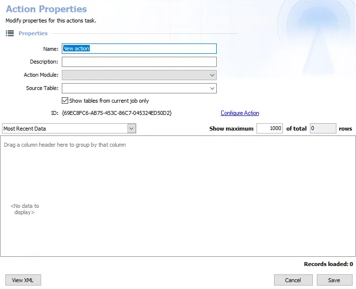 Action Properties page for new action
