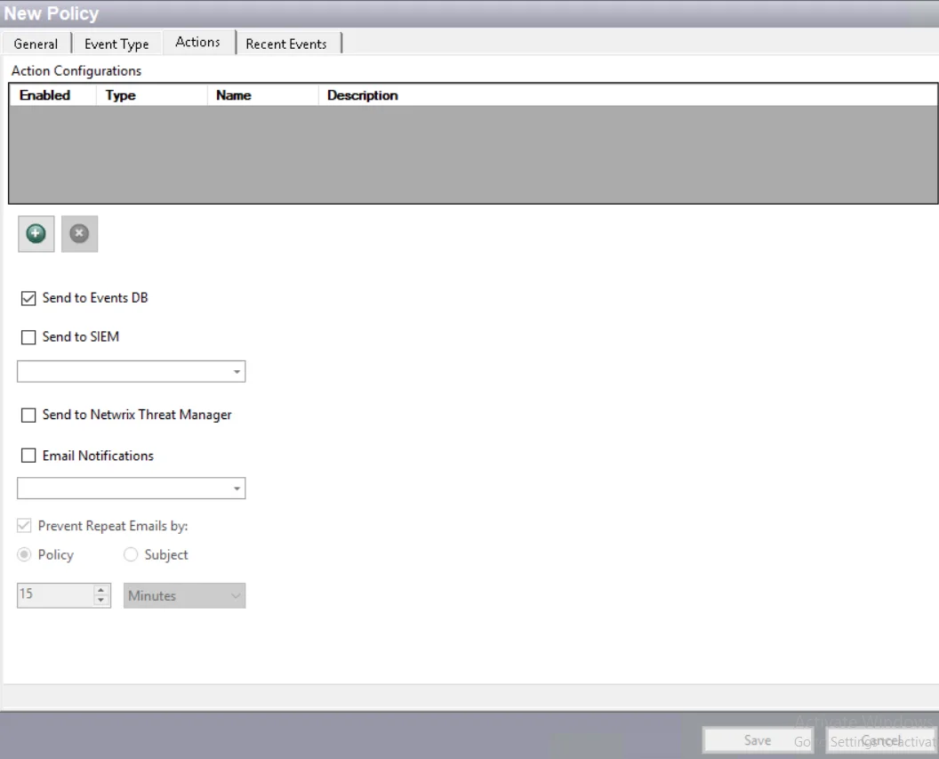 Template – Actions tab