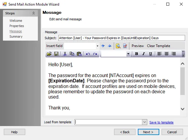 Send Mail Action Module Wizard Message page