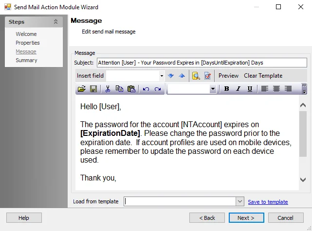 Send Mail Action Module Wizard Message page