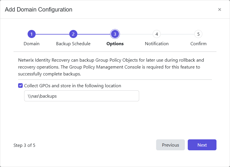 Add Domain Configuration wizard - Options page