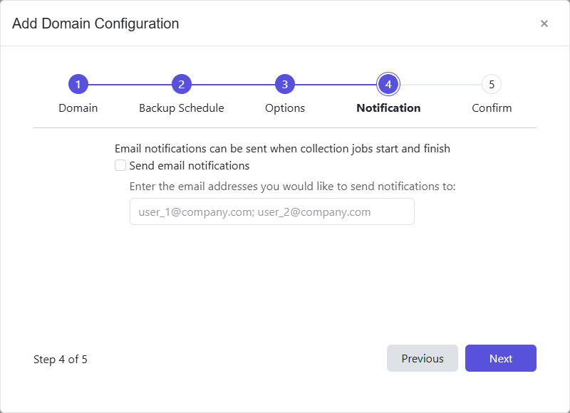 Add Domain Configuration wizard - Notification page