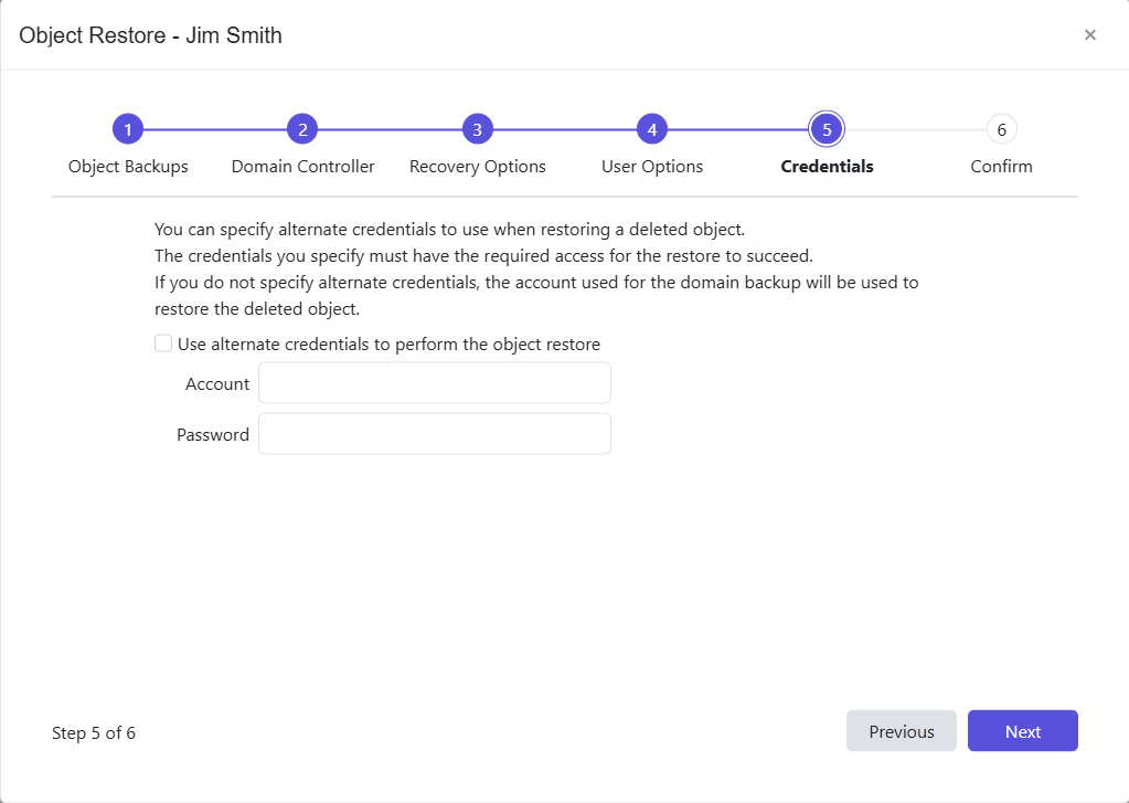 Object Restore wizard - Credentials page