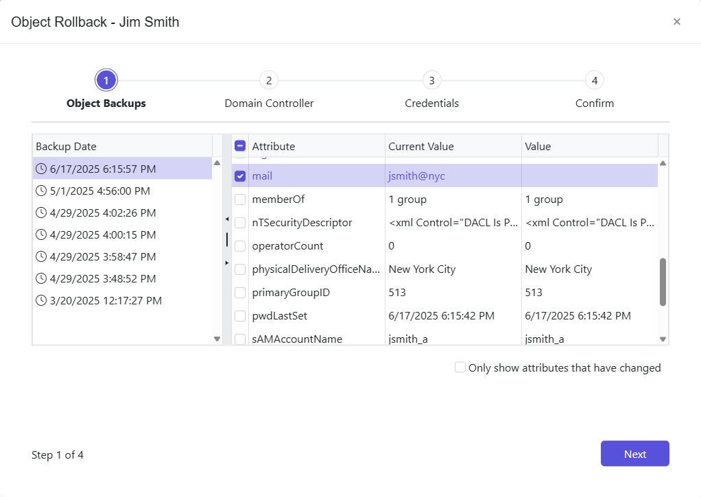 Object Rollback wizard - Object Backup page