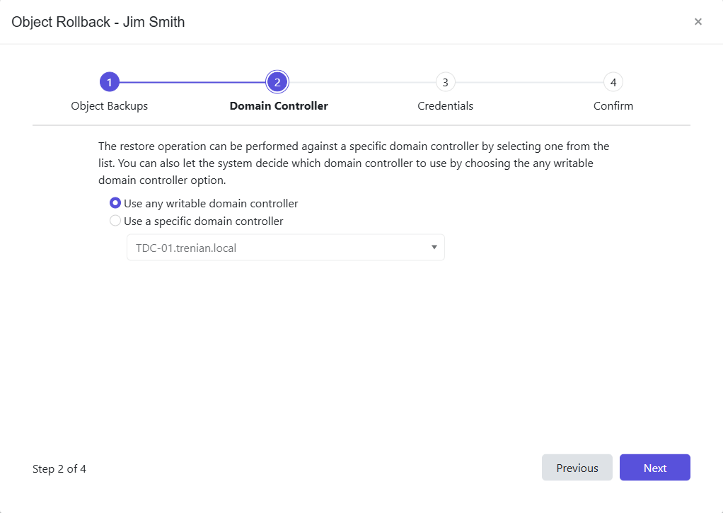 Object Rollback wizard - Options page