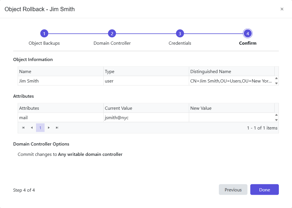 Object Rollback wizard - Confirm page