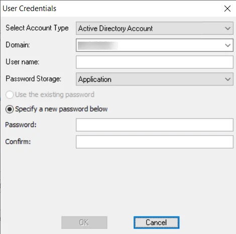 User Credentials Window - Active Directory