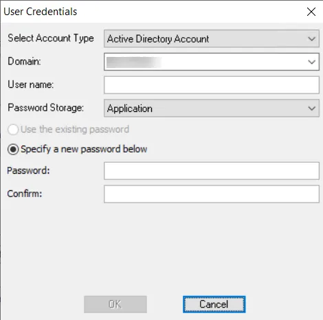 User Credentials Window - Active Directory