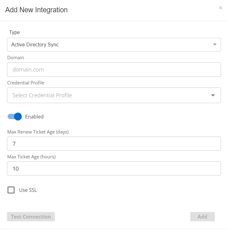 Add New Integration window with Active Directory Sync type selected