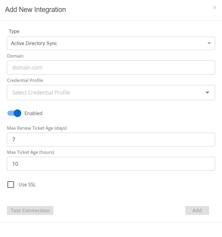 Add New Integration window with Active Directory Sync type selected