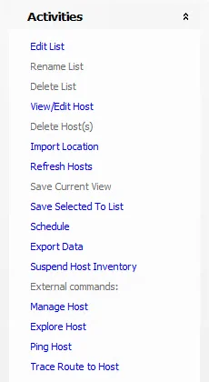 Activities pane in individual host list node