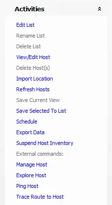 Activities pane in Host Management node