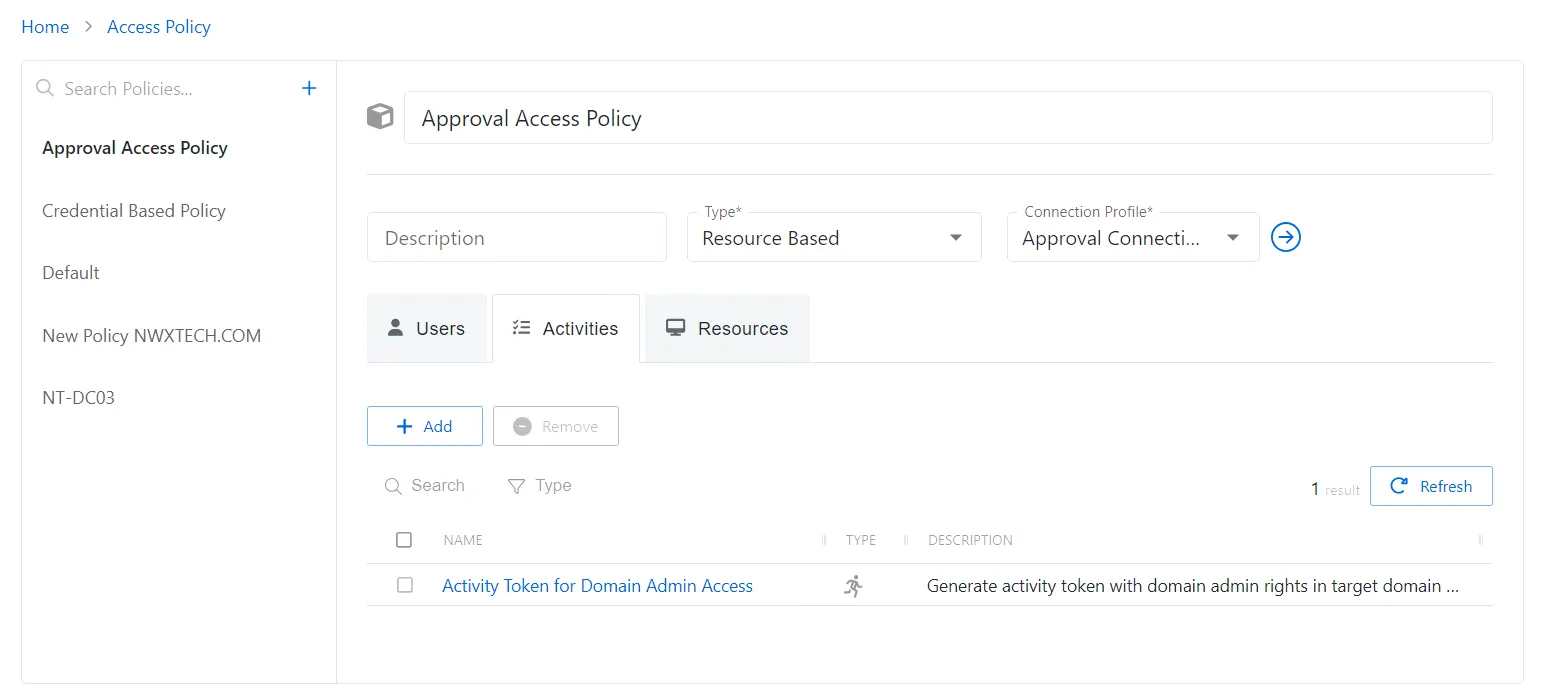 Activities Tab for Resource based Policies