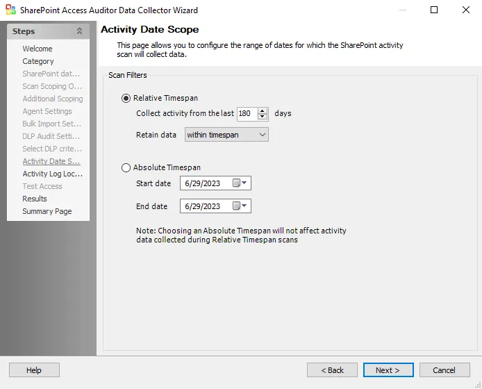 Activity Date Scope page