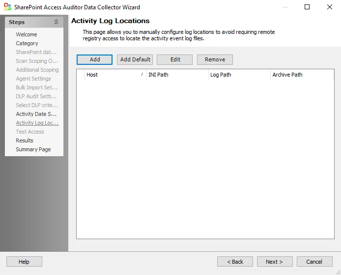 Activity Log Locations page