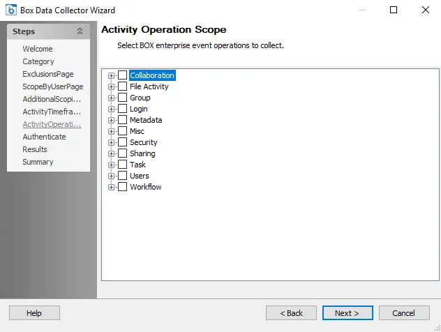 Box DC Wizard Activity Operation Scope page