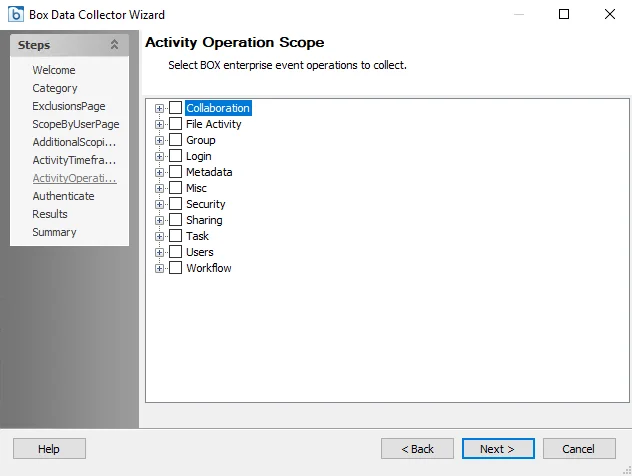 Box DC Wizard Activity Operation Scope page