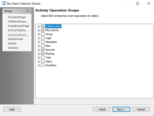 Box Data Collector Wizard Activity Operation Scope page