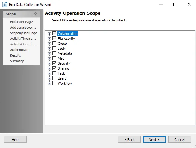 Box Data Collector Wizard Activity Operation Scope page
