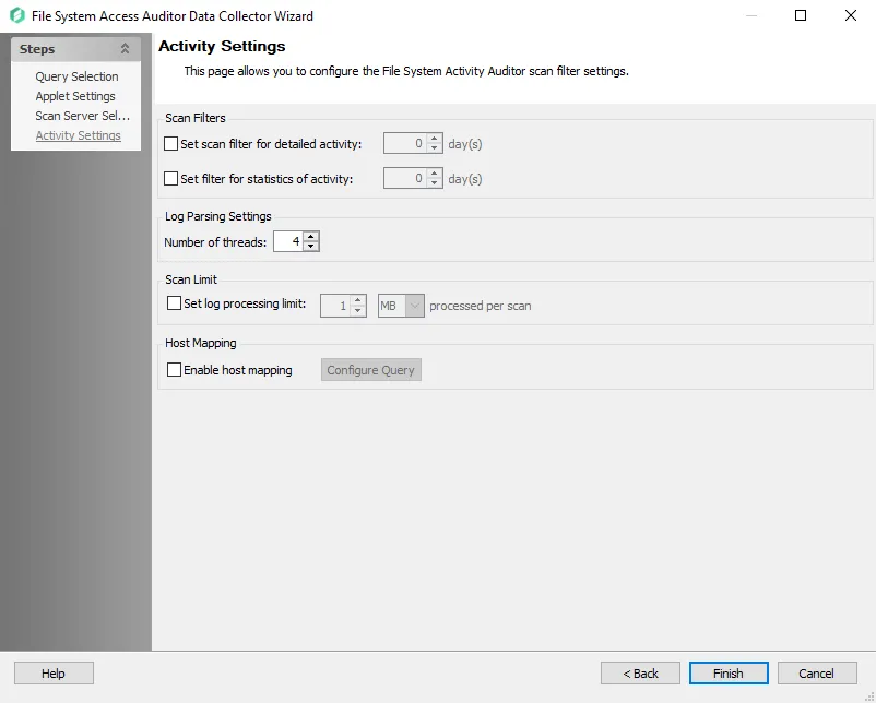 FSAA Data Collector Wizard Activity Settings page
