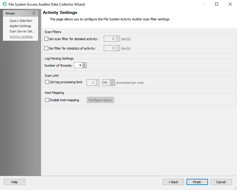 FSAA Data Collector Wizard Activity Settings page