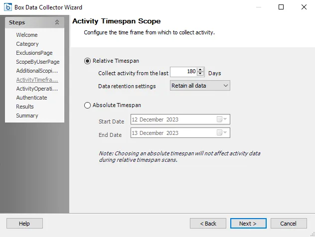 Box DC Wizard Activity Timespan Scope page