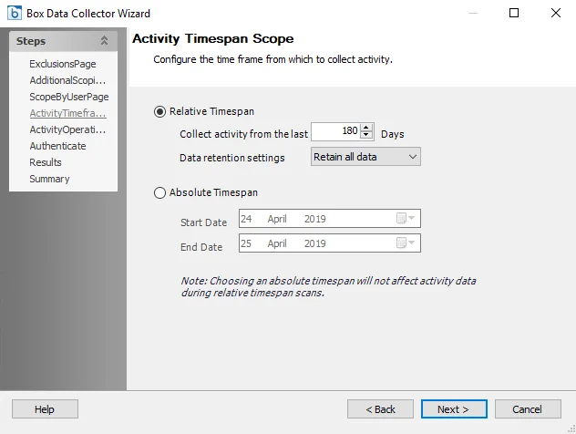Box Data Collector Wizard Activity Timespan Scope page