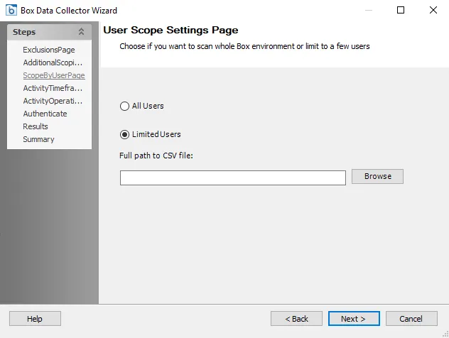 Box Data Collector Wizard Scope by User page