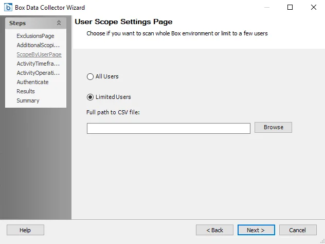 Box Data Collector Wizard Scope by User page