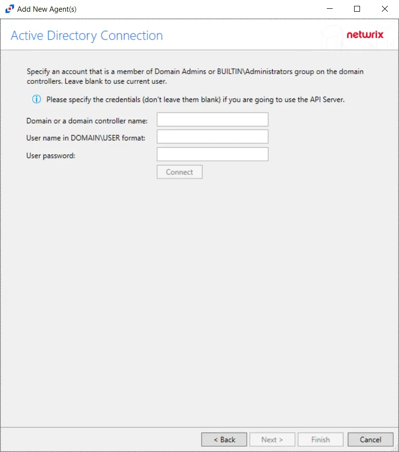 Active Directory Connection page with blank text boxes